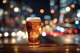 Glass of beer on the background of the night city, bokeh