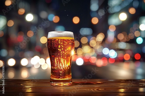 Glass of beer on the background of the night city, bokeh