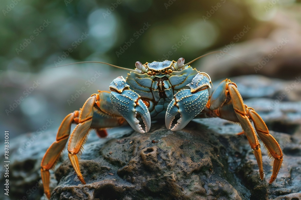 Close up of a blue crab on a rock in the forest