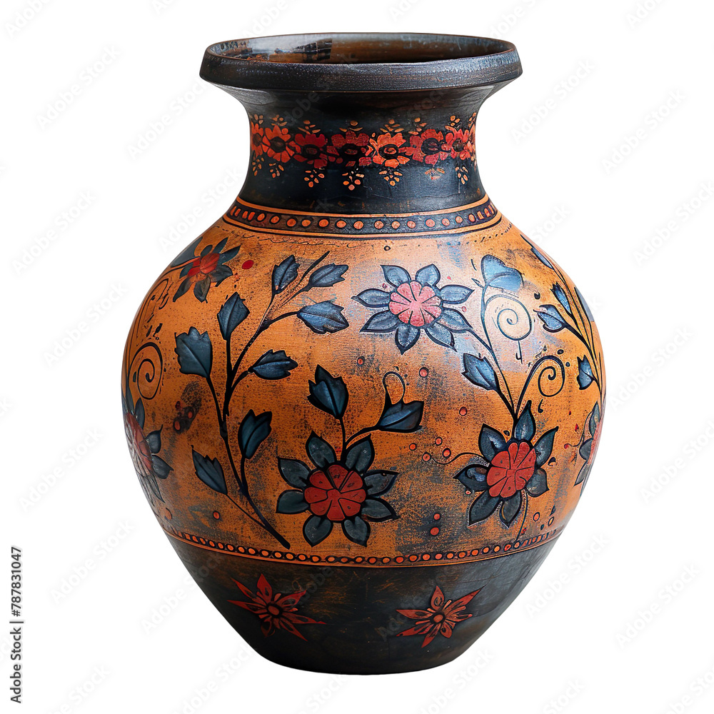 Front view of earthen intricate-designed vase isolated on a white transparent background