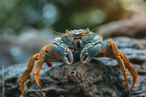 Close up of a blue crab on a rock in the forest