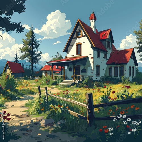 eastern european village house with a big garden, flowers in the garden, cuphead style, flat illustration photo