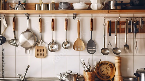 Kitchen utensils hanging on the wall shelves with kitchen ware photo