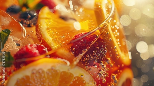 Close view of a chilled sangria  citrus and berries  golden hour light  summer festivity vibe  HD  4K   Hyper realistic  High resolution  super details 