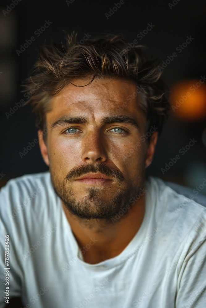 Portrait of handsome bearded man in white t-shirt looking away