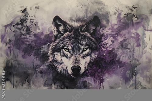 Watercolor painting of a wolf with purple and violet splashes © Picasso