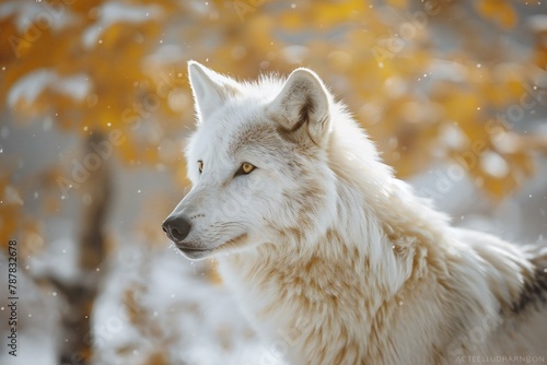 Portrait of a white wolf on a background of autumn forest