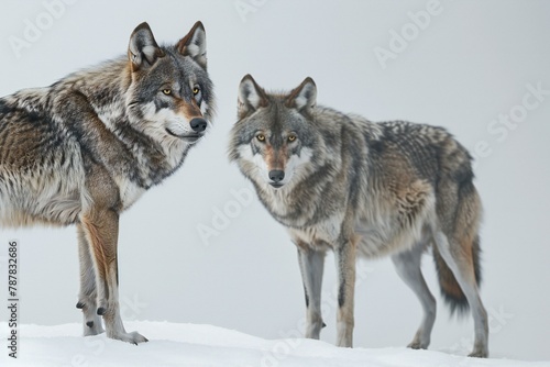 Two wolves  Canis lupus  standing in the snow