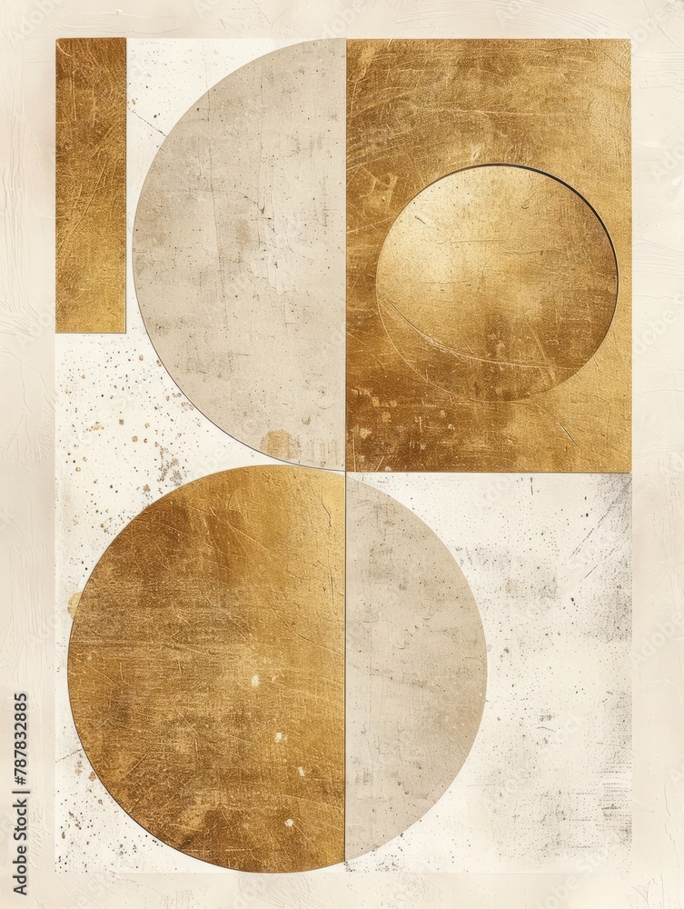 A gold and white abstract painting with a circle in the middle A gold and white abstract painting with a circle in the middle