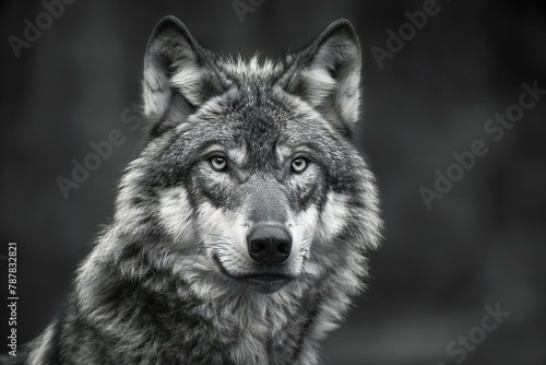 Portrait of a gray wolf in black and white   Animal portrait
