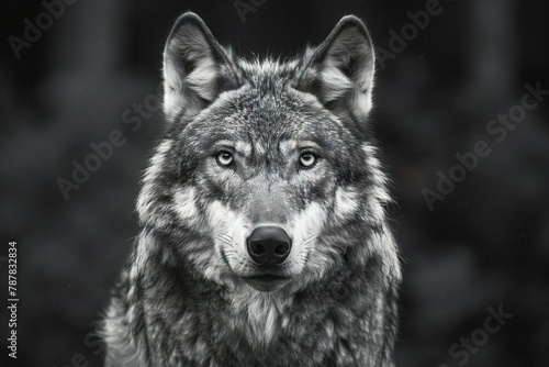 Portrait of a wolf in the forest   Black and white photo