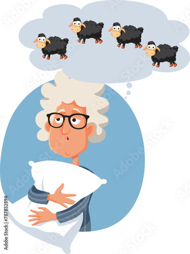 Insomniac Senior Lady Counting Sheep Vector Cartoon Illustration. Sad tired granny feeling unwell suffering from insomnia 
