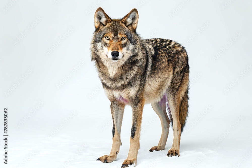 Grey wolf standing in front of a white background and looking at the camera