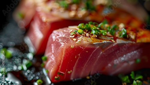 Vibrant tuna sashimi slices are delicately arranged on a slate serving plate, adorned with sprigs of fresh parsley