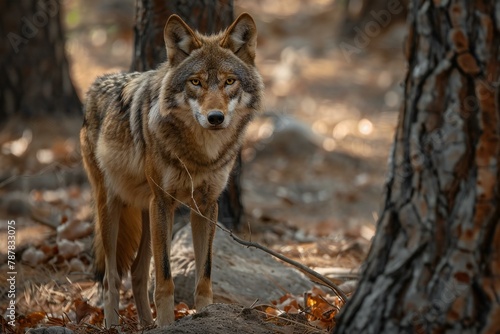 Gray wolf  Canis lupus signatus  in the forest