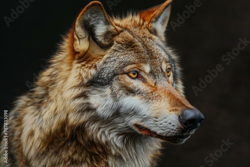 Portrait of a wild wolf on a dark background  close-up
