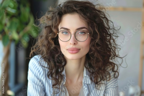 Close up of young beautiful woman with curly hair and glasses  businesswoman at workplace looking at camera  satisfied female worker in shirt smiling at workplace inside  Generative AI