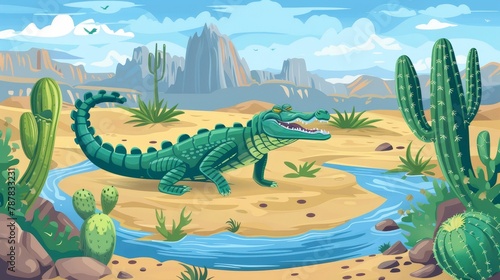 A crocodile is swimming in the African desert with sand  cactuses  and mountains. A desert oasis landscape featuring waterholes and wild reptiles. Modern cartoon illustration.