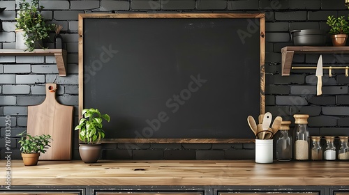 Mock up chalkboard in kitchen interior scandinavian style panoramic background