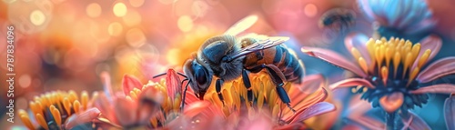 Augmented reality bee pollination demonstration, bright colors, macro view, environmental education tool photo