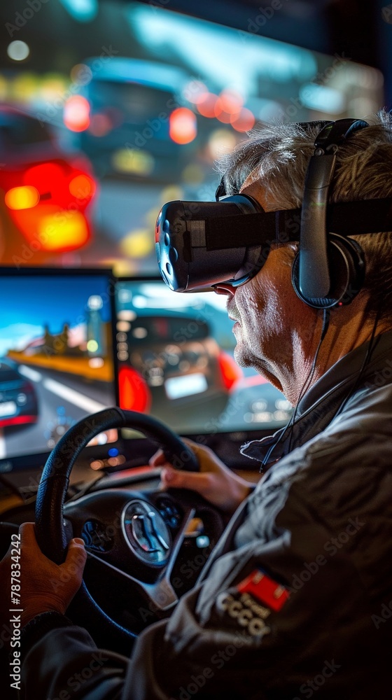 Examiner monitoring a virtual reality driving simulation, vibrant display, focused view, next-gen licensing assessment 
