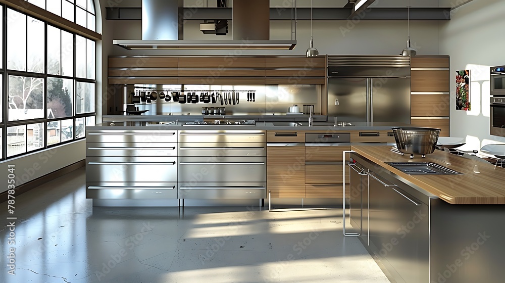 Modern kitchen with stainless steel counters