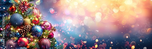 Abstract Defocused Background with Christmas Tree and Baubles. Made with Generative AI Technology