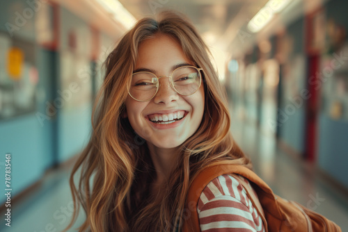 Portrait of smiling teen college student in hallway school looking at camera