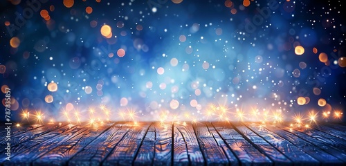 Abstract Christmas Background featuring Snowy Wooden Table and Defocused Lights. Made with Generative AI Technology (ID: 787835857)
