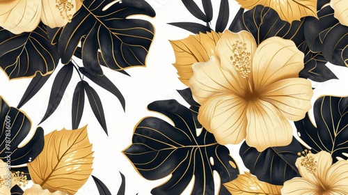 An exotic hibiscus flower, golden tropic jungle leaves, black and gold tropical leaves on white background. Wedding ceremony invitation card, holiday sale invitation.