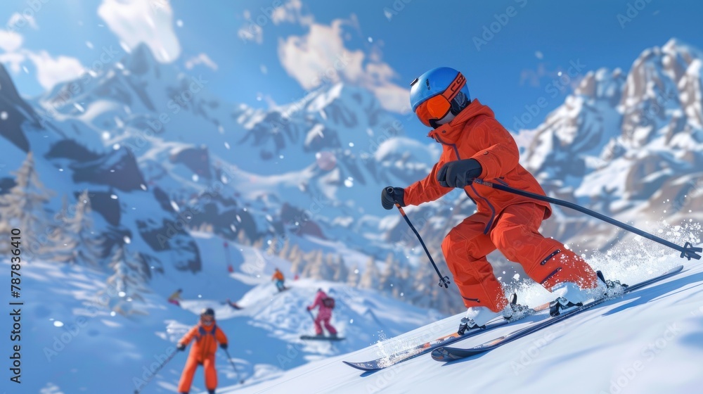 The skier is wearing a blue helmet and orange jacket