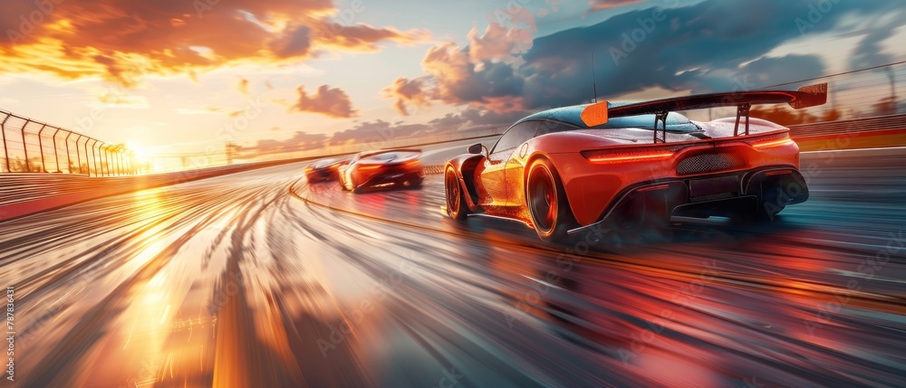 A car race with a sunset in the background