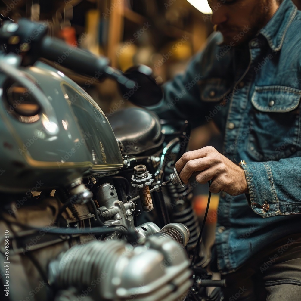 A man is working on a motorcycle in a garage