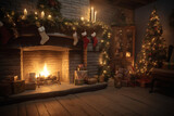 Written space background A cozy fireplace adorned with stockings and twinkling lights