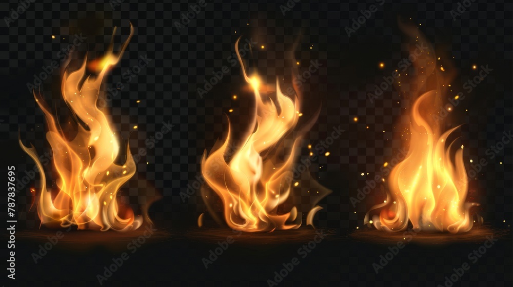 Set of realistic fire, torch flame icons isolated on a transparent background. Burning campfire or candle blaze effect with glowing orange and yellow flares. Set of realistic fire, torch flame icons isolated on a transparent background. Burning campfire or candle blaze effect with glowing orange and yellow flares.
