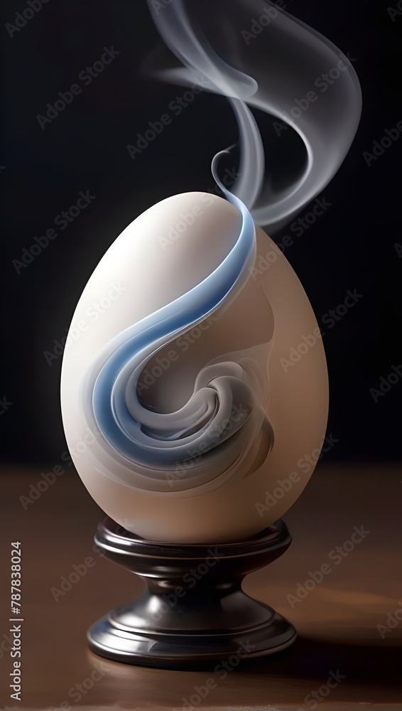 A chicken egg is placed on a wooden support with white smoke going to the angle A chicken egg is placed on a wooden support with white smoke going to the angle