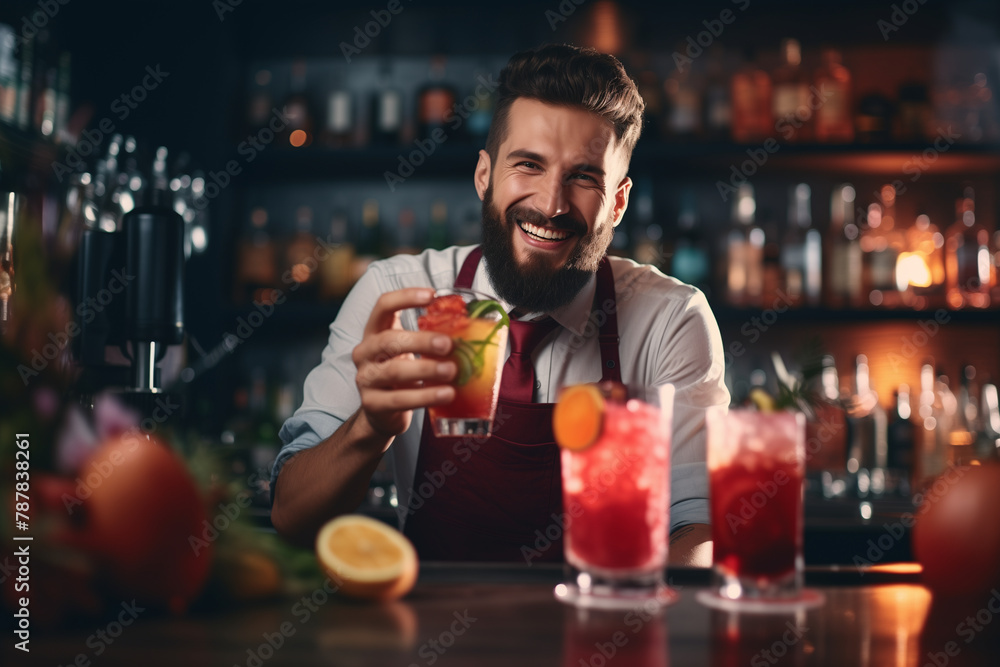 A bearded bartender with a bright smile extends a handcrafted cocktail across the bar counter. Generative Al
