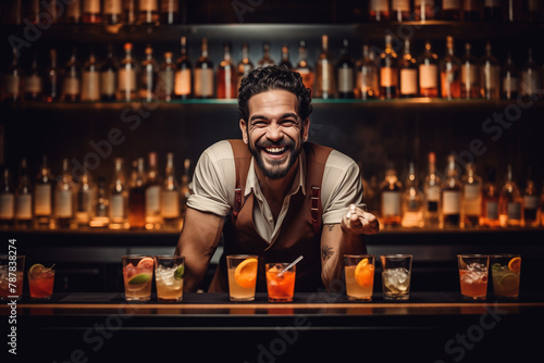 A jovial male bartender with a variety of mixed drinks on the bar counter, showcasing a vibrant nightlife atmosphere. Generative Al