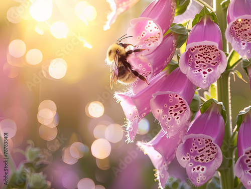 Bumblebee alights on a radiant foxglove against a dreamy, sun-kissed bokeh. photo