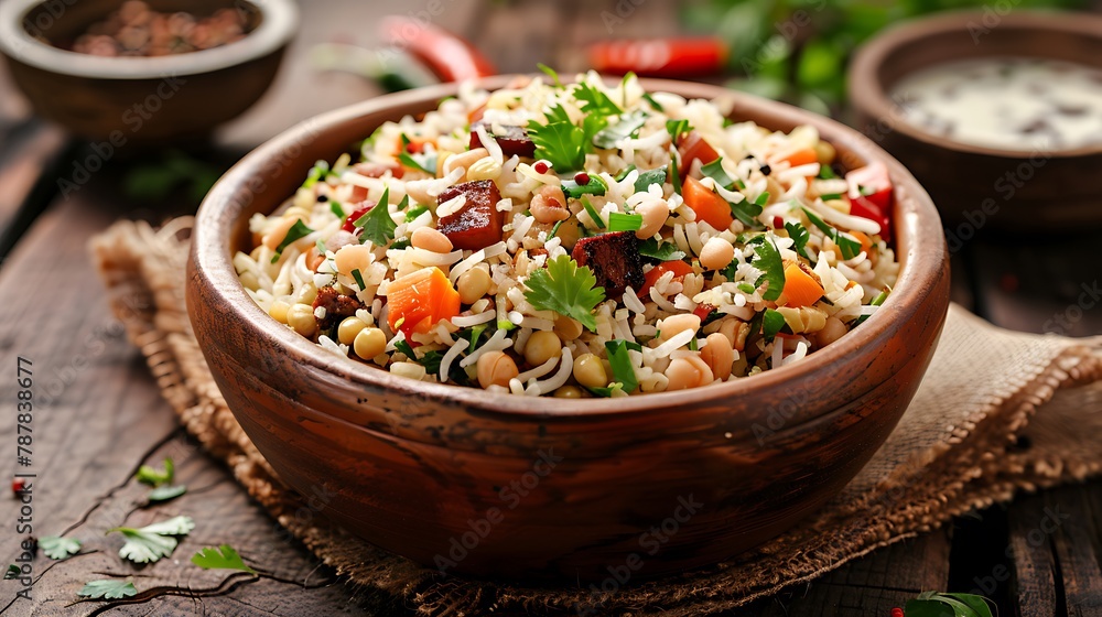 Pilaf rice with meat and vegetables delicious food soya chunks biryani vegetable soy Pilaf served in clay pot Pilaf rice with meat and vegetables delicious food soya chunks biryani vegetable soy Pilaf served in clay pot
