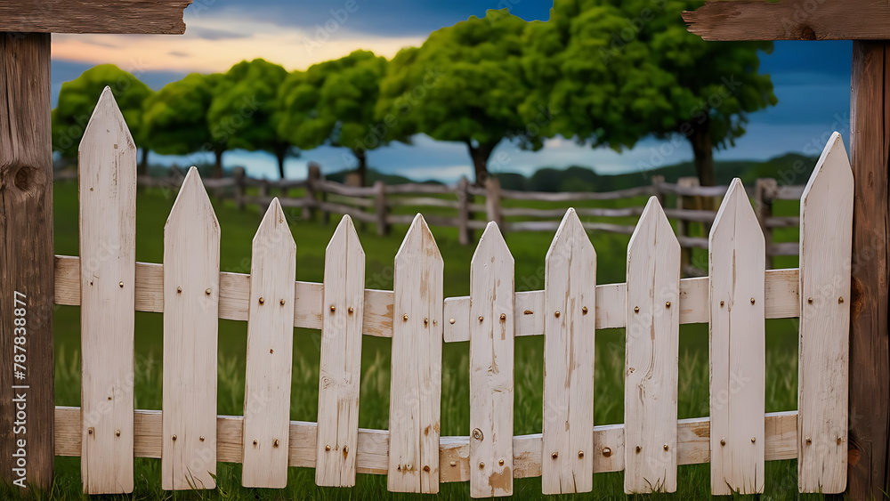 A charming and rustic wooden fence, featuring a classic white picket design. The fence has been cleverly cut out, creating a whimsical and playful effect. In the background. Generative AI
