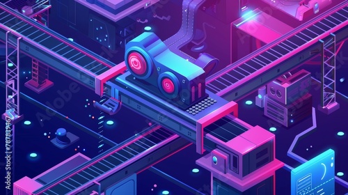 This is a striking isometric landing page for automation technologies. Robots manage factory conveyors, pack production on transporter belts, smart industrial revolution, robot assisting, 3D modern
