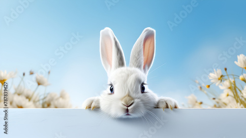 Cute easter rabbit sticking out behind the wall on a blue sky background