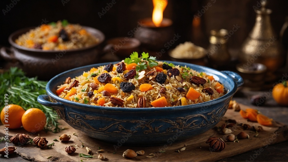 Plov A traditional rice dish cooked with meat, spices, and sometimes dried fruits and nuts. Plov A traditional rice dish cooked with meat, spices, and sometimes dried fruits and nuts.