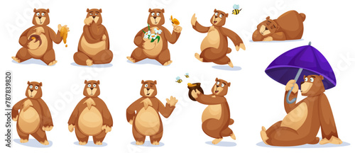 Cute bear animal cartoon character vector set. Funny teddy grizzly sitting with honey, sleep and waving comic collection. Happy childish drawing icon. Fluffy friendly smile pet and small bee insect