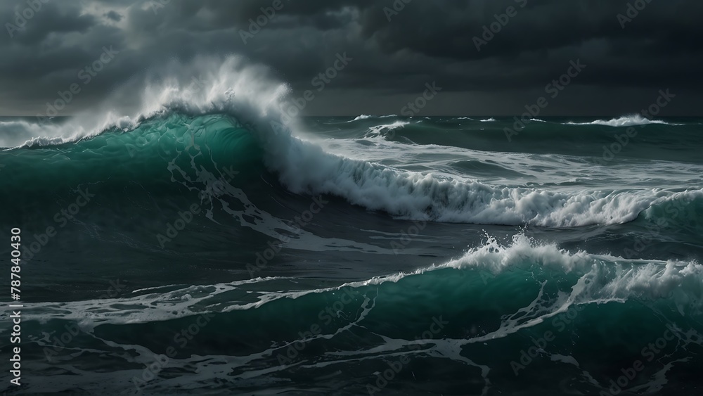 Stormy Seascape: Dark clouds swirl over the turbulent ocean, waves crashing against the shore under a brooding sky