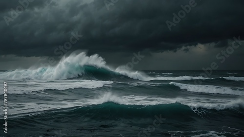 Stormy Seascape: Dark clouds swirl over the turbulent ocean, waves crashing against the shore under a brooding sky © VFX1988