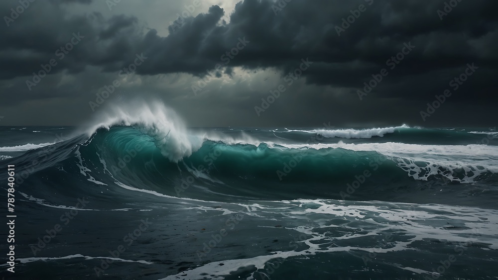 Stormy Seascape: Dark clouds swirl over the turbulent ocean, waves crashing against the shore under a brooding sky - obrazy, fototapety, plakaty 