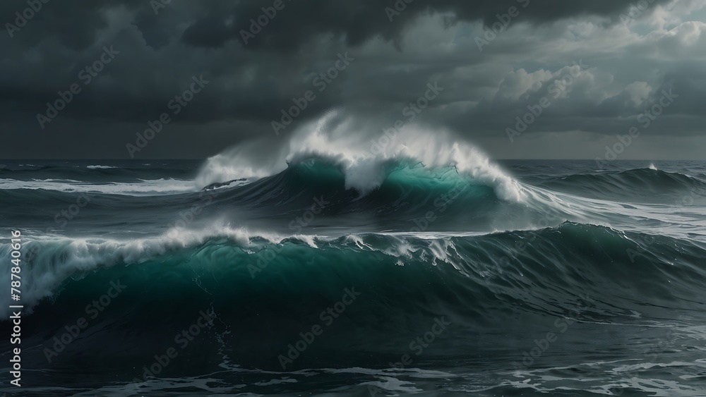 Stormy Seascape: Dark clouds swirl over the turbulent ocean, waves crashing against the shore under a brooding sky