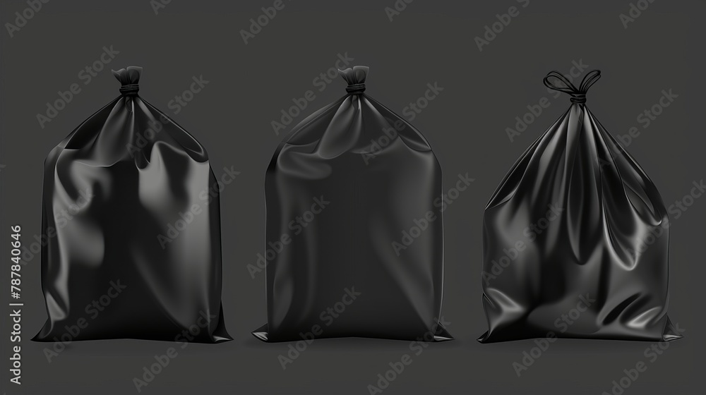 An illustration of black plastic bags for trash, garbage, and rubbish. Modern realistic mockup of polyethylene bags with handles for carriers. An illustration of black plastic bags for trash, garbage, and rubbish. Modern realistic mockup of polyethylene bags with handles for carriers.